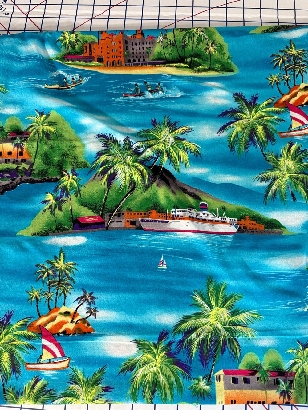 Vintage Tropical Island Scenic Fabric 1¾ Yards Palm Trees Sailboats Caribbean